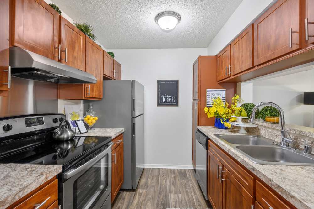 Kitchen with stainless-steel appliances at Paddock Club Apartments in Florence, Kentucky