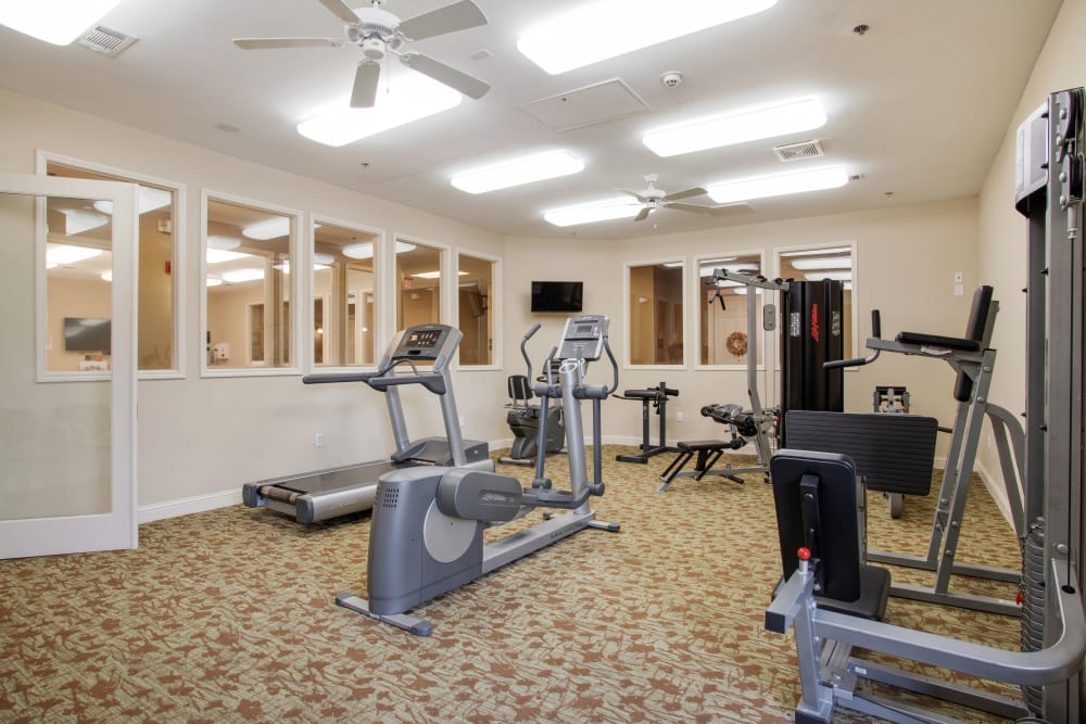 The fitness center at Clayton Oaks Living in Richmond, Texas