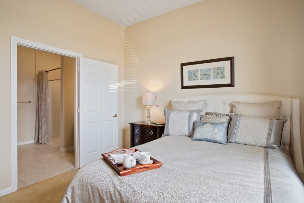 An apartment bedroom at Clayton Oaks Living in Richmond, Texas