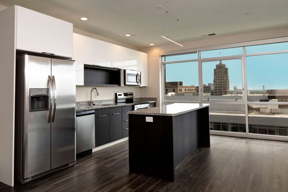 Kitchen with island at Skyline Tower in Fort Wayne, Indiana