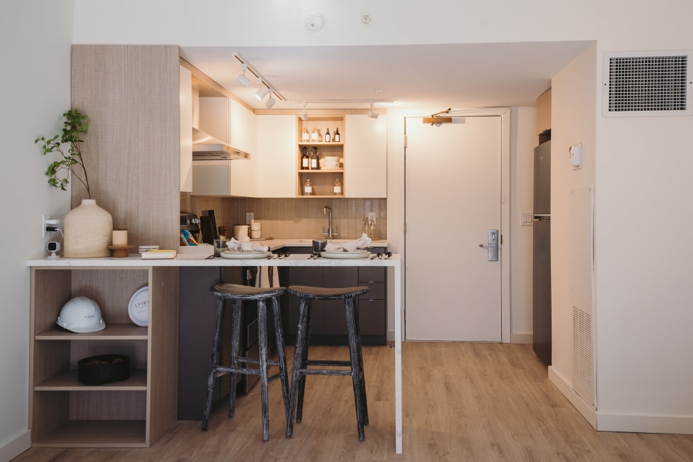 Kitchen with Wooden cabinets at Up House in Farmington, Connecticut