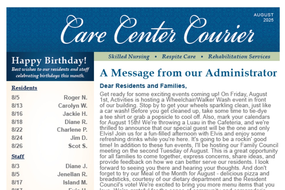August 2025 Newsletter at Edgerton Care Center in Edgerton, Wisconsin