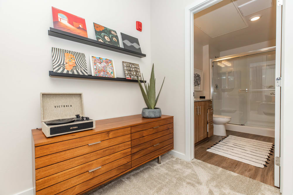 Bedroom with attached bathroom at Trailside Apartments in Flagstaff, Arizona