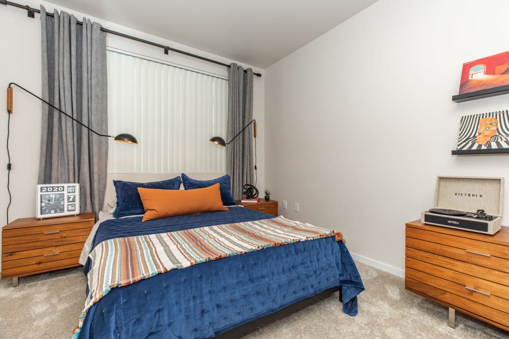 Bedroom with carpet at Trailside Apartments in Flagstaff, Arizona