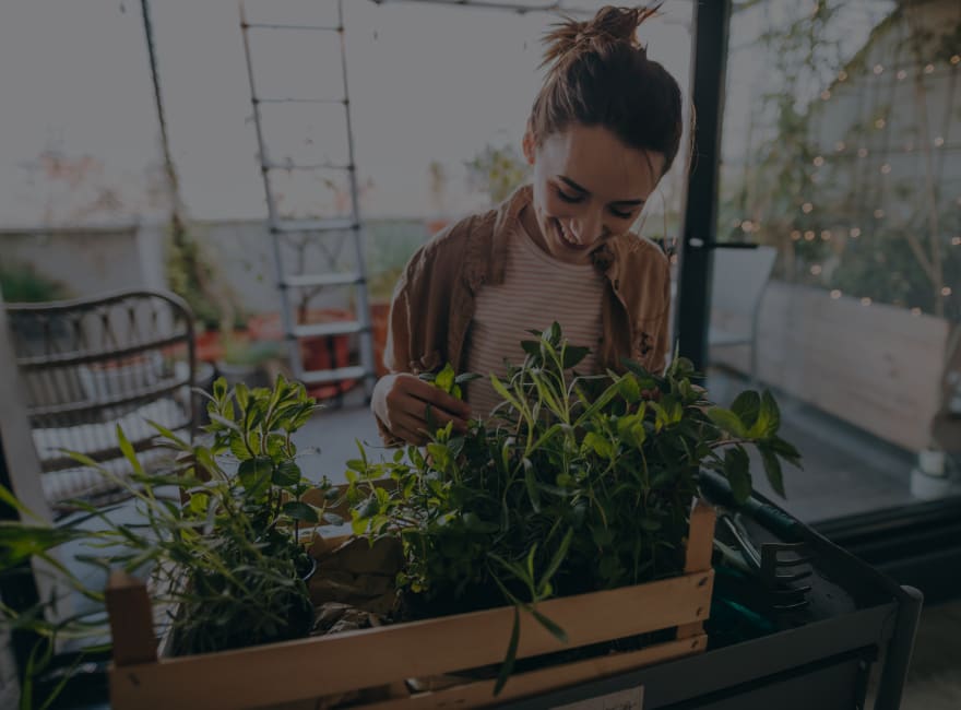 Resident tending her plants from a local farmers market near Brooklyn Yard in Portland, Oregon