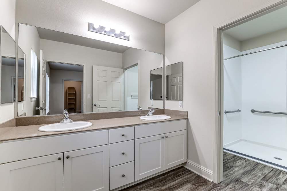 a double-sinked bathroom at South Mesa I in Oceanside, California