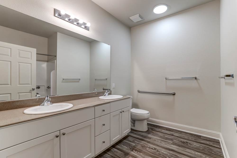 a double-sinked bathroom at South Mesa I in Oceanside, California