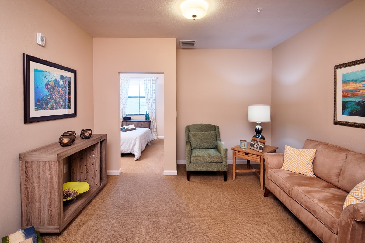 A spacious resident living room The Fountains of Hope in Sarasota, Florida.
