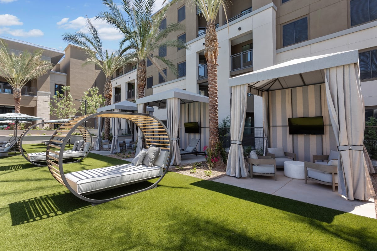 Seating by the luxury pool at The Aubrey in Tempe, Arizona