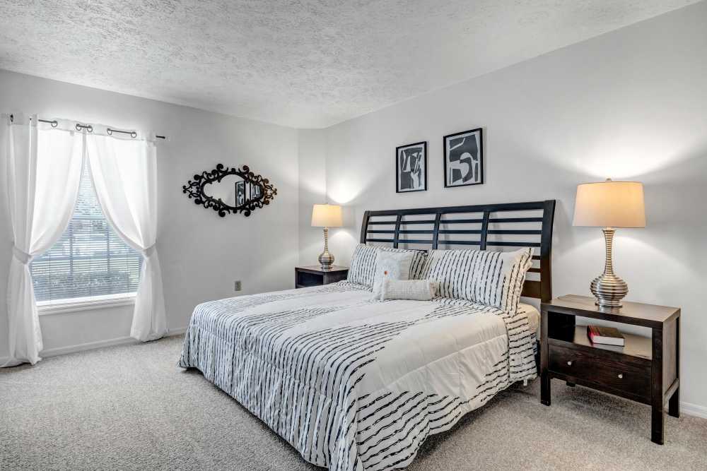 Comfortable bedroom with wooden bed, carpet flooring and large window at Carlton Arms Of South Lakeland in Lakeland, Florida