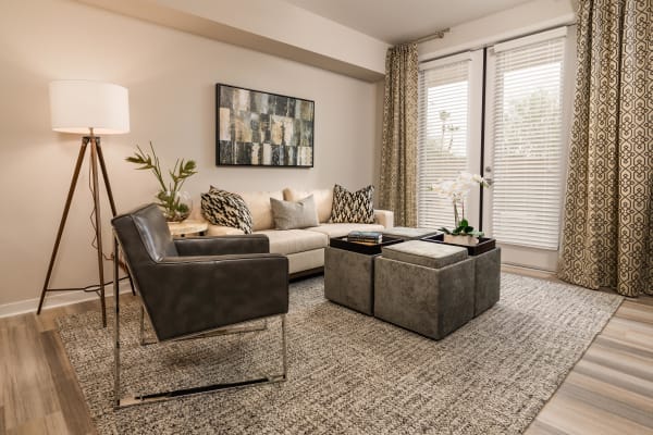 Spacious living room with front porch access at Morrison Chandler in Chandler, Arizona