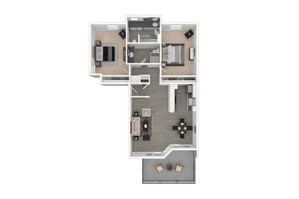 Two-bedroom apartment' floor plan at Valley Plaza Villages in Pleasanton, California