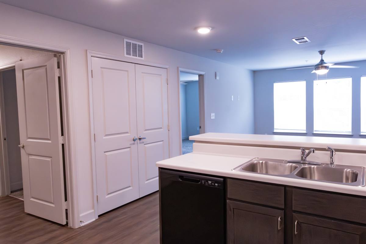 Kitchen with dishwasher and stainless steel sink at Villas At Mount Zion in Stockbridge, Georgia