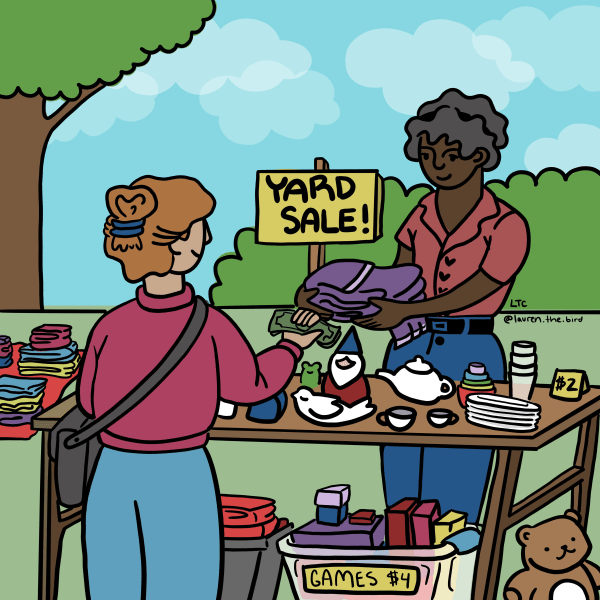 cartoon image of a person behind a table selling items at a yard sale