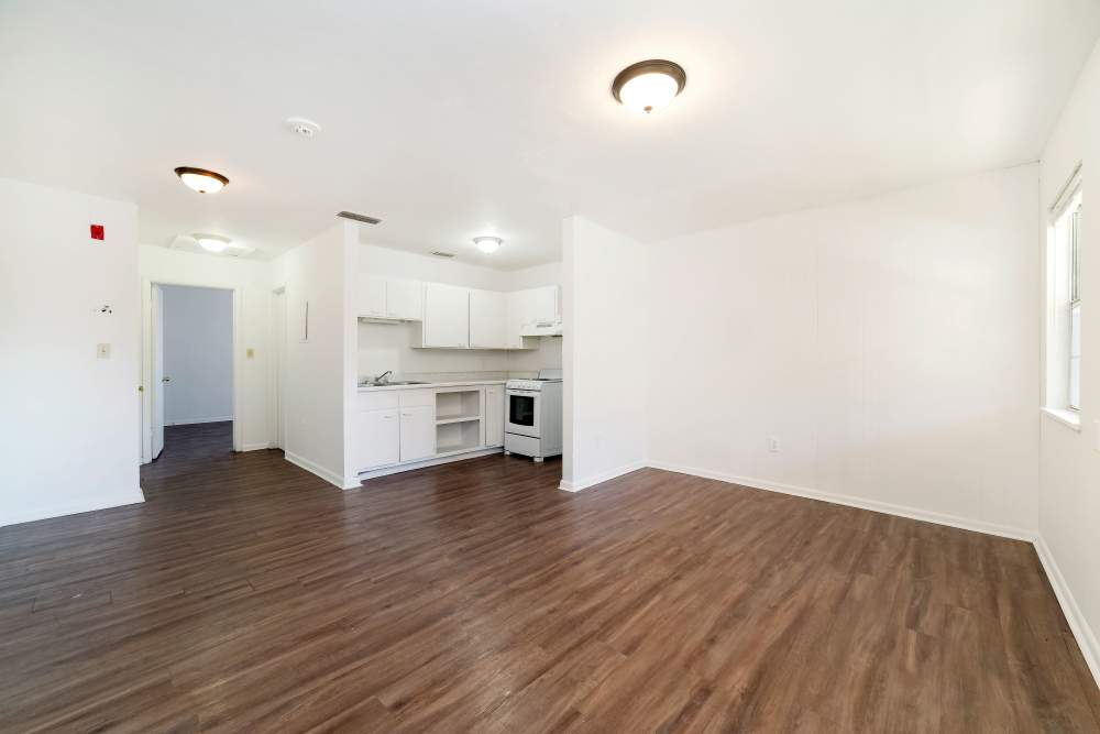 View of the kitchen from living room at Meridian Oaks in Tallahassee, Florida