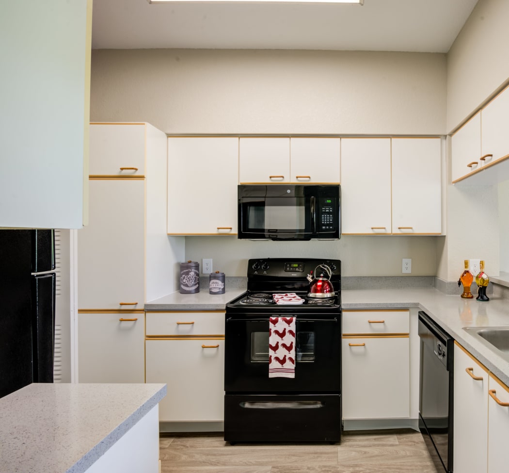 Model home's kitchen with black appliances at IMT Pinebrook Pointe in Margate, Florida