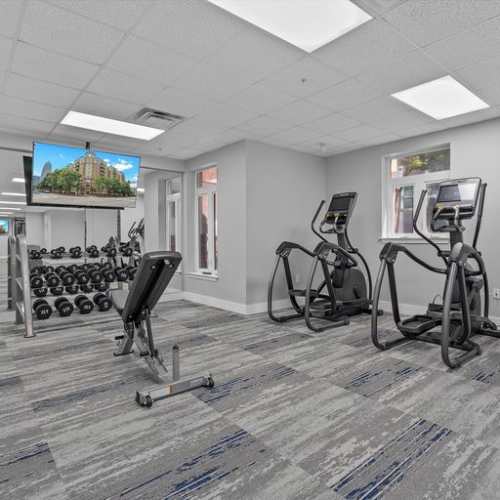 Cardio and free weights at The Kensington in Charlotte, North Carolina