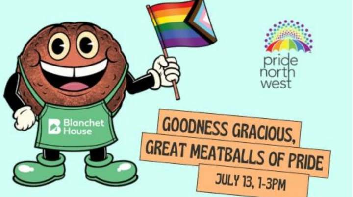 Marty the Meatball holding a pride flag and text that reads: Marty the Meatball is is BACK for another round of Great Meatballs of Pride!