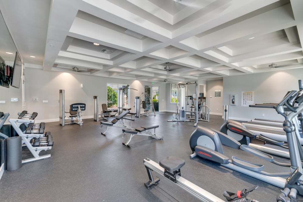 Bright and clean fitness center at Champions Vue Apartments in Davenport, Florida