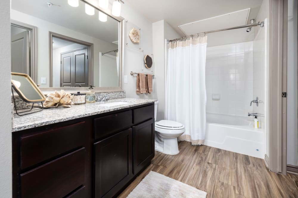 Granite countertop and a large vanity mirror in a model home's bathroom at Anatole on Briarwood in Midland, Texas