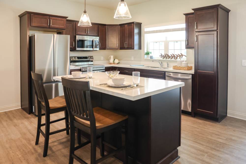 kitchen and living room at Legacy Living Defiance in Defiance, Ohio