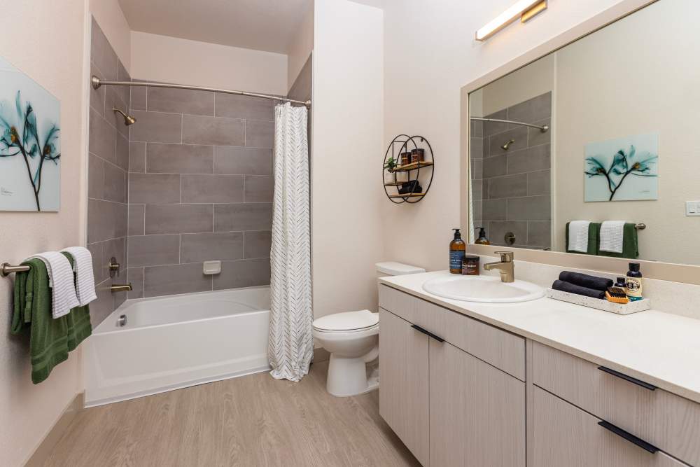 Bathroom with bathtub at Zeta Luxury Apartments in Sacramento, California