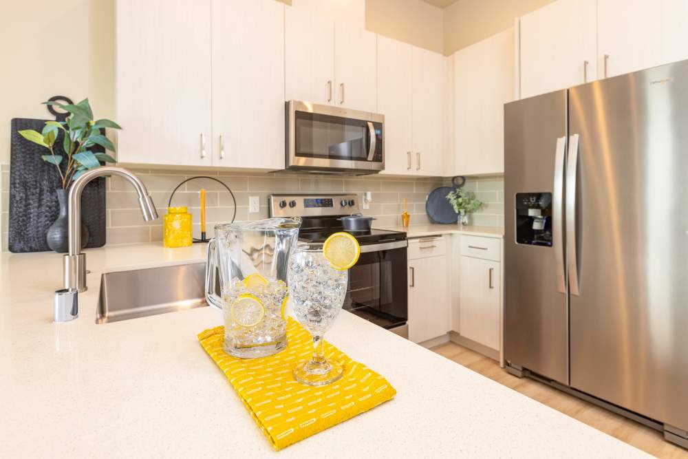 Kitchen with white cabinetry at Solasta in Sacramento, California