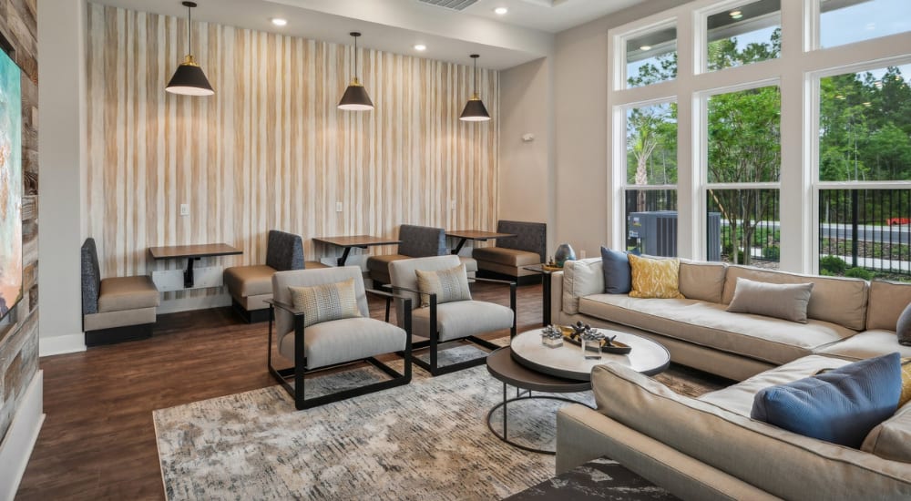 Sitting areas in the community lounge at Novo Westlake in Jacksonville, Florida