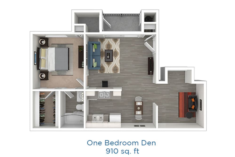 Floor plan renderings of a 910 sq ft one-bedroom apartment with den at Mountain Vista in Victorville, California