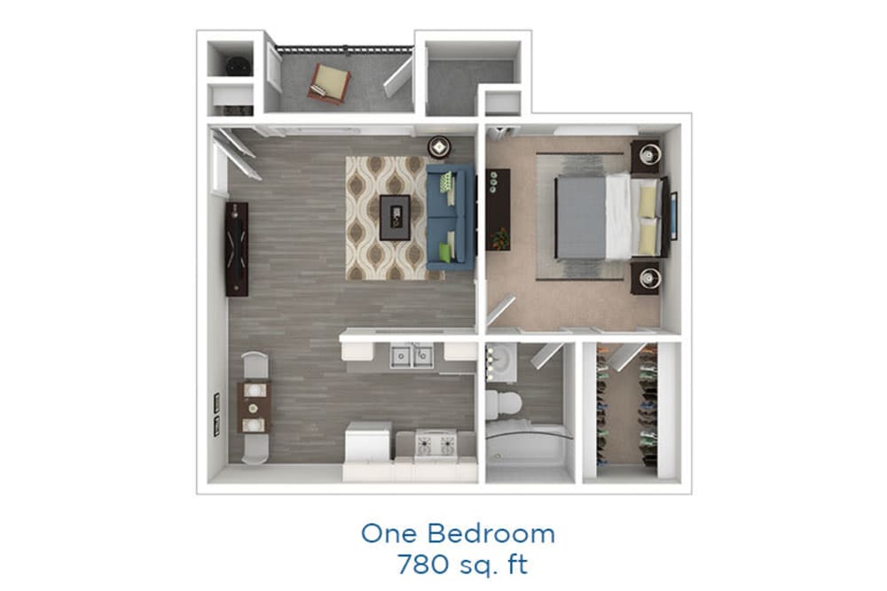 Floor plan renderings of a 780 sq ft one-bedroom apartment at Mountain Vista in Victorville, California