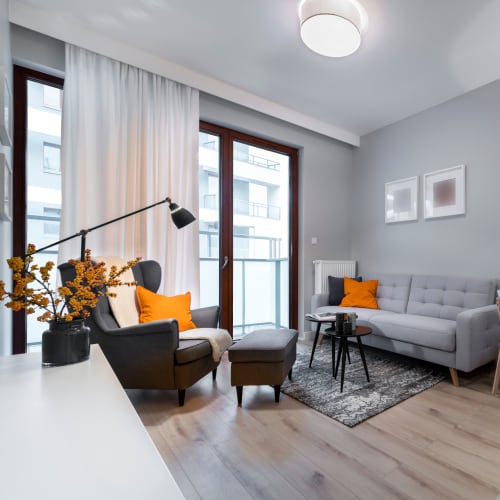 A furnished living room at The Village at NTC in San Diego, California