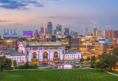 Stunning view of downtown Independence at dusk near The Mansion in Independence, Missouri
