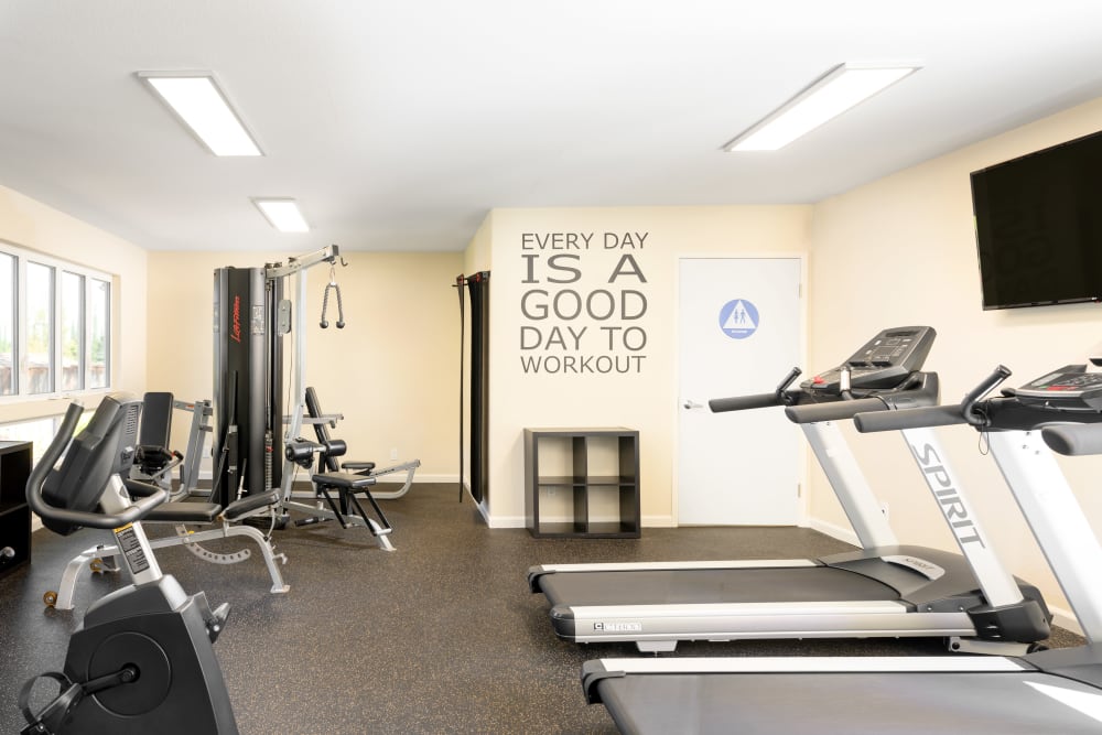 Well-equipped fitness center at Pleasanton Heights in Pleasanton, California