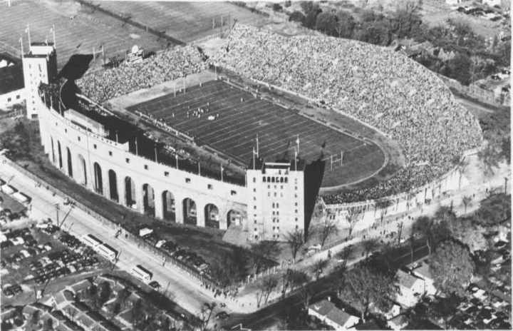 The original Dyche Stadium, 1949. Opened in 1926, it was named Dyche Stadium for William Dyche, class of 1882, Evanston mayor from 1895 to 1899 and overseer of the building project.