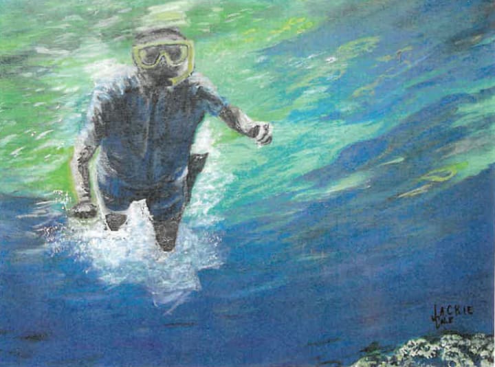 Photo of painting of boy snorkeling under water by Jackie Cole