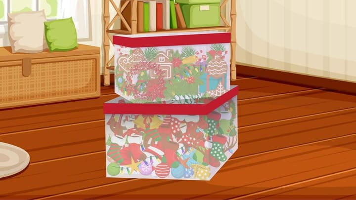 Illustration of holiday decor in storage tubs