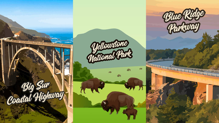 Illustrations of destinations for an RV trip