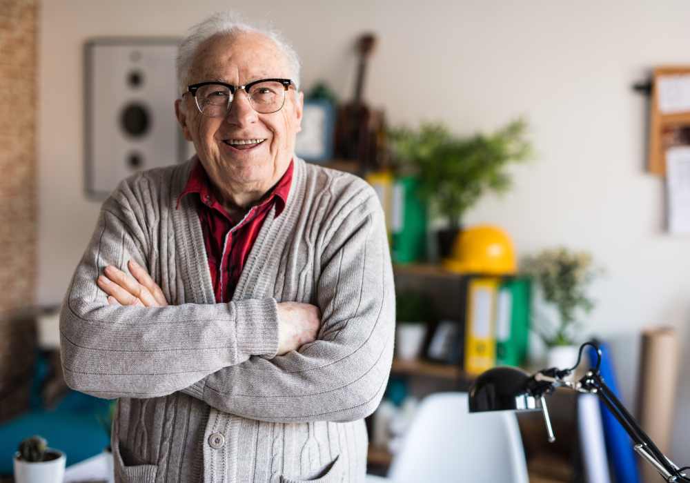 A resident smiling at Careage at Home in Bellevue, Washington. 