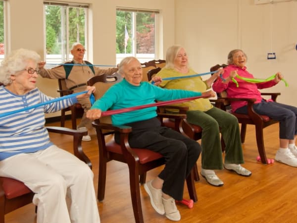 A resident group fitness class at Patriots Glen in Bellevue, Washington. 