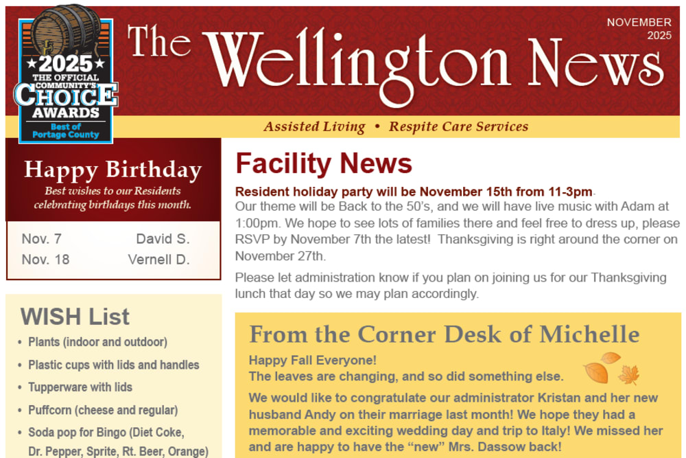 November 2025 Newsletter at Wellington Place at Whiting in Stevens Point, Wisconsin