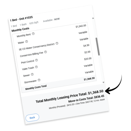 Example of Total Monthly Leasing Price with arrow pointing to total 