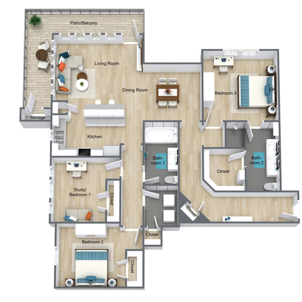Three bedroom floor plan at Atlas Point at Prestonwood in Carrollton, TX