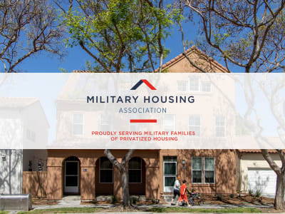 Image of a home and woman and children walking and Military Housing Association logo