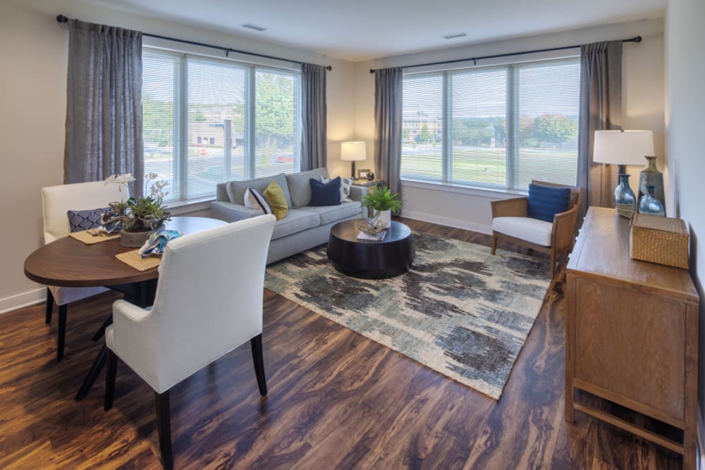 Sitting area with hardwood floors in apartment at Eagleview Landing in Exton, Pennsylvania