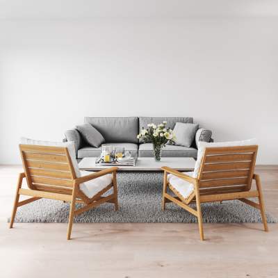 A furnished living room in a home at Desert View Terrace in Twentynine Palms, California