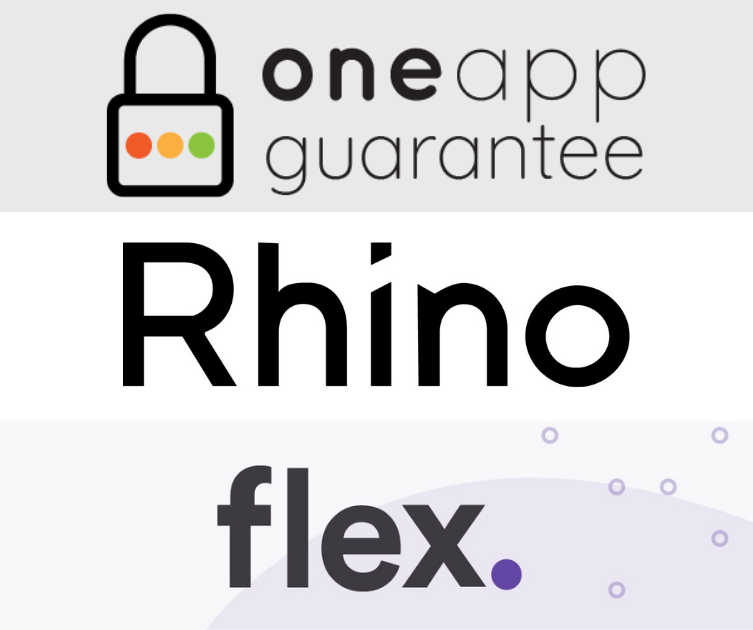 Oneapp Guarantee, Rhino, and Flex logos