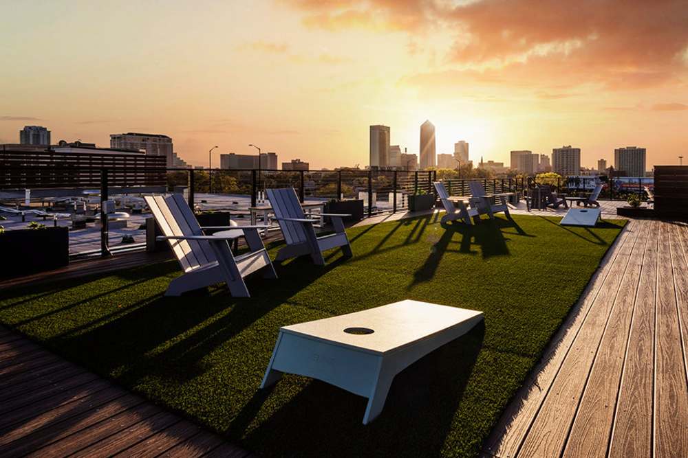 Sunset rooftop terrace at Union Terminal Warehouse in Jacksonville, Florida