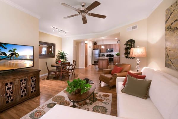 Modern decorated living room with ceiling fan at San Hacienda in Chandler, Arizona