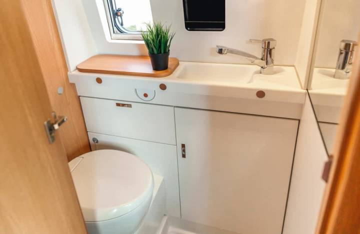 Modern camper bathroom with storage