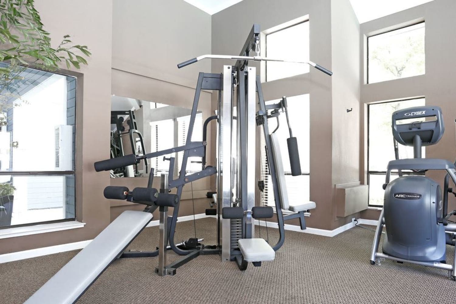 Fitness center with natural light at Amber Court in Fremont, California